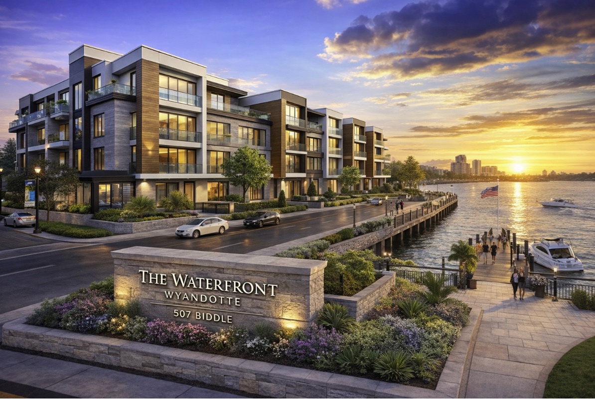 The Waterfront Lofts — exterior rendering at sunset on the Detroit River, Wyandotte